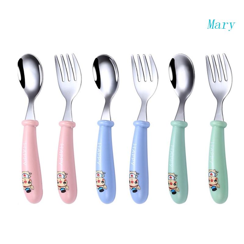 Mary 2pcs / Set Sendok + Garpu Stainless Steel Motif Kartun Untuk Peralatan Makan Bayi