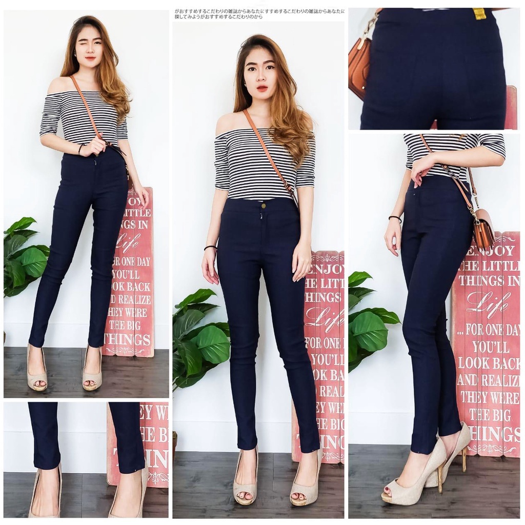 BESS - Celana Highwaist Cotton Strench Wanita - NAVY