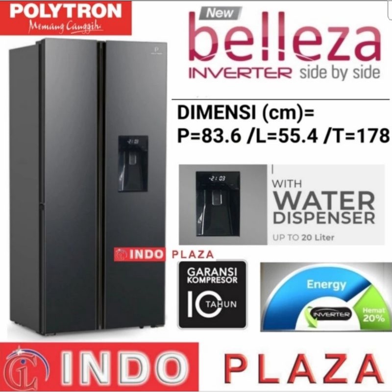 KULKAS POLYTRON SIDE BY SIDE PRS-480X WATER DISPENSER NEW BELLEZA (BLACK GLASS)