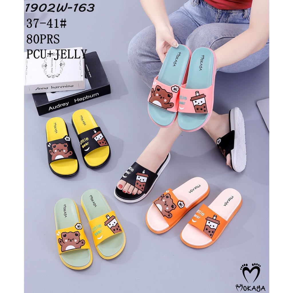 Sandal Slop Jelly Tebal Empuk Wanita Motif Boba Little Bear Super Empuk Cantik Lucu Trendy Kekinian Import Mokaya/ Size 37-41 (1902W-152/1902W-G1)