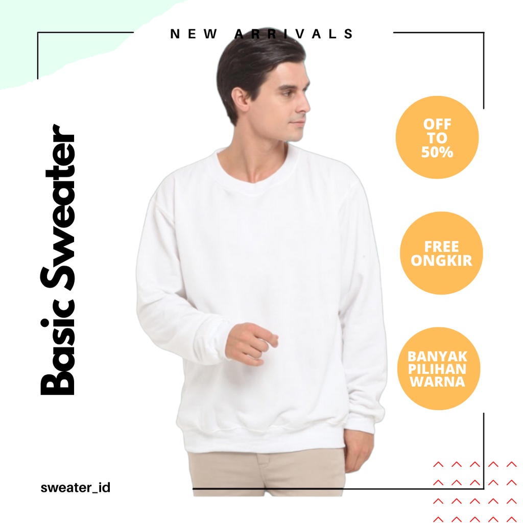 SWEATER_ID Basic Crewneck Sweater  Wanita Pria Putih Polos Sweater Putih Unisex