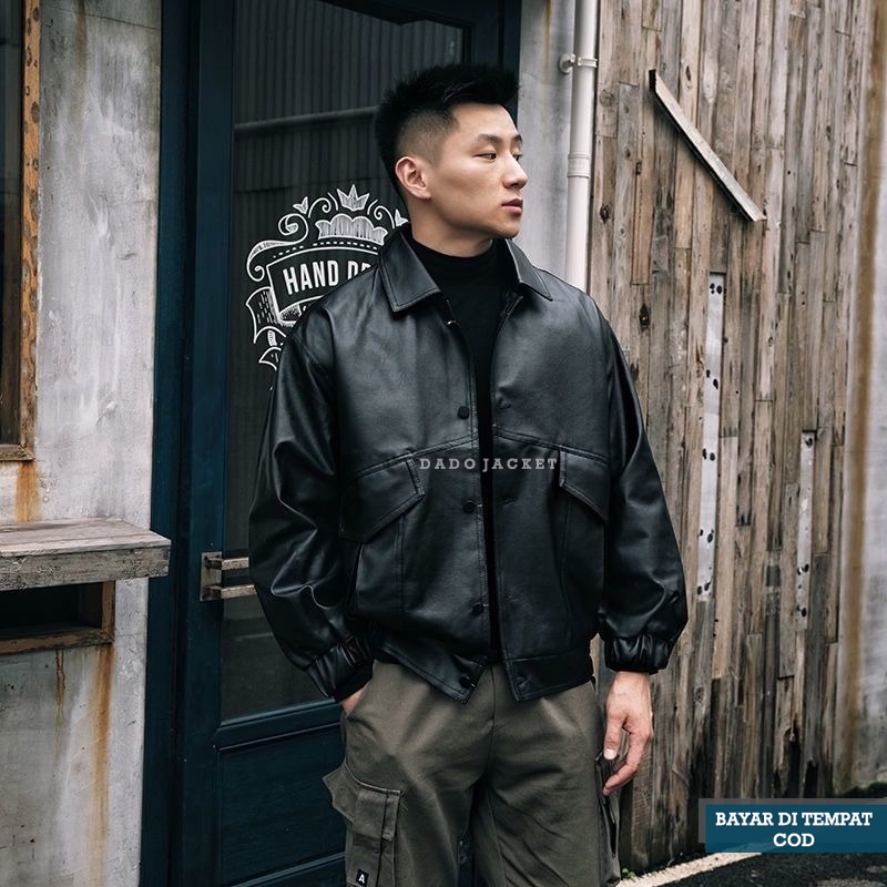 Jaket Pria Bomber Tactical Oversize Retro Bahan Semi Kulit Sintetis Viena Faux Synthetic Leather Pre