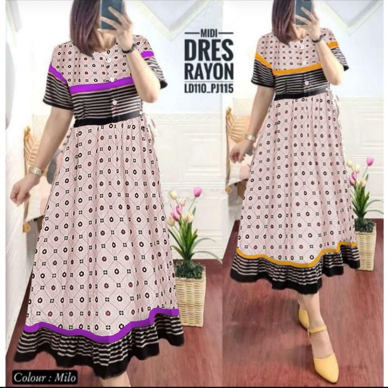 Dress Midi Motif Polkadot Garis Busui Daster Rempel Sleting dan Kancing Depan Tali Samping Claressa 
