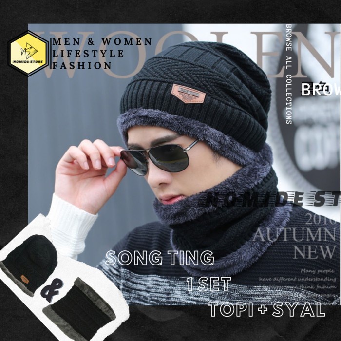 topi pantai wanita Kupluk n Syal Wool Winter t Pria Wanita STAR STYLE -BLACK - SONG.T-1 BLACK W9J9 E