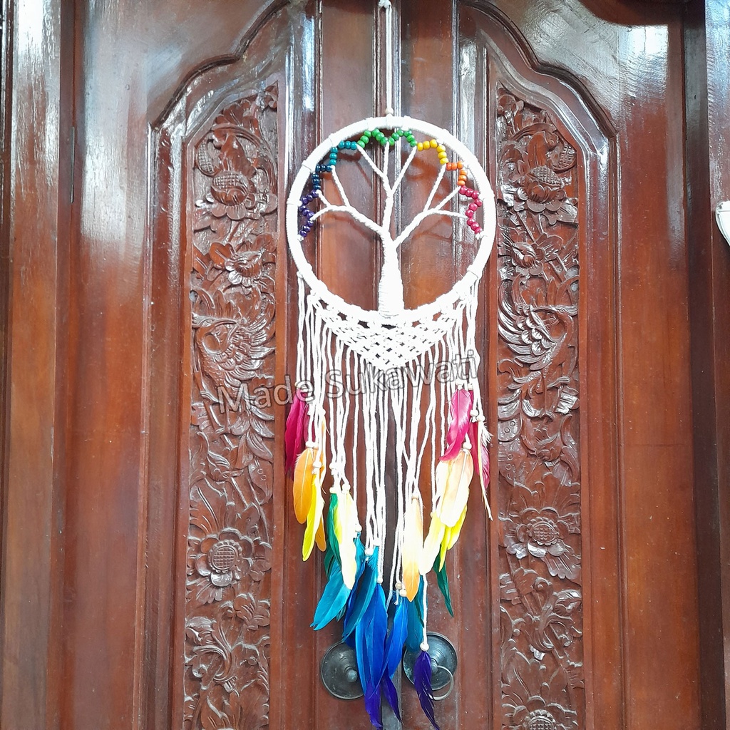 Dream catcher jaring sulam diameter 27cm variasi bola pohon bulu Rainbow