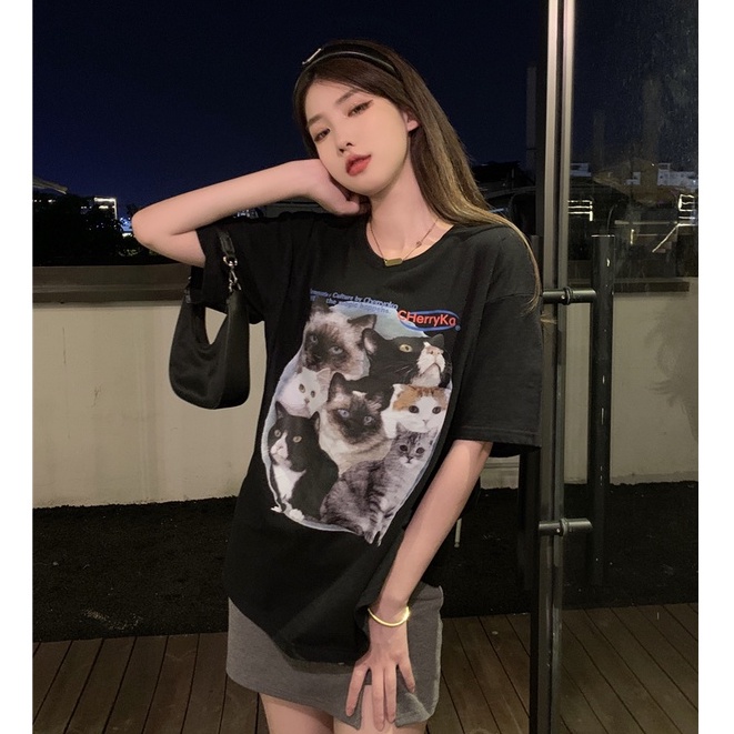 t shirt baju wanita kaos hitam lengan pendek oversize korean style kaos atasan wanita cat graphic printing kaos