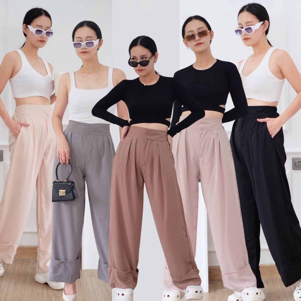 HOPYLOVY - Kulot Highwaist Long Pants Style Korea | Bawahan Wanita | Celana Panjang Wanita Polos | Kulot Highwaist Mega