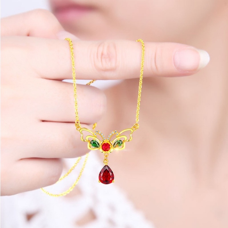 Goldkingdom Fashion Perhiasan Emas Asli Kadar 375 Bangkok Aksesoris Ready Stock Lapis Emas Kupu-Kupu Kalung Wanita Mewah Bertatahkan Garnet Rantai Pernikahan