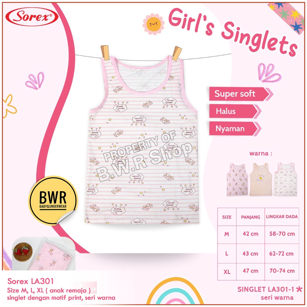 Singlet Anak Sorex LA 301 -1 / Singlet Anak Remaja Perempuan Supersoft Dasar Warna Motif Lucu | Bwr