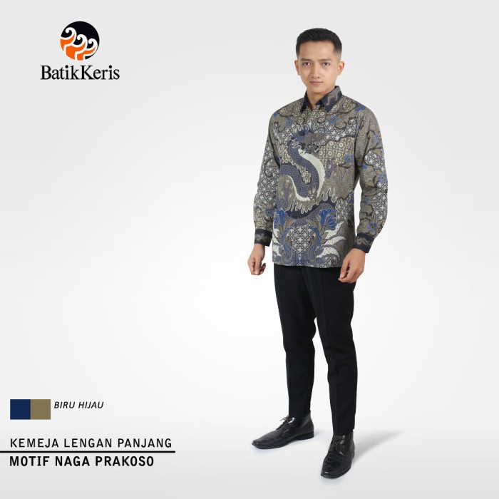 batik Batik Keris Kemeja Lengan Panjang Naga Prakoso - Biru Hijau, 15 couple termurah premium pria w