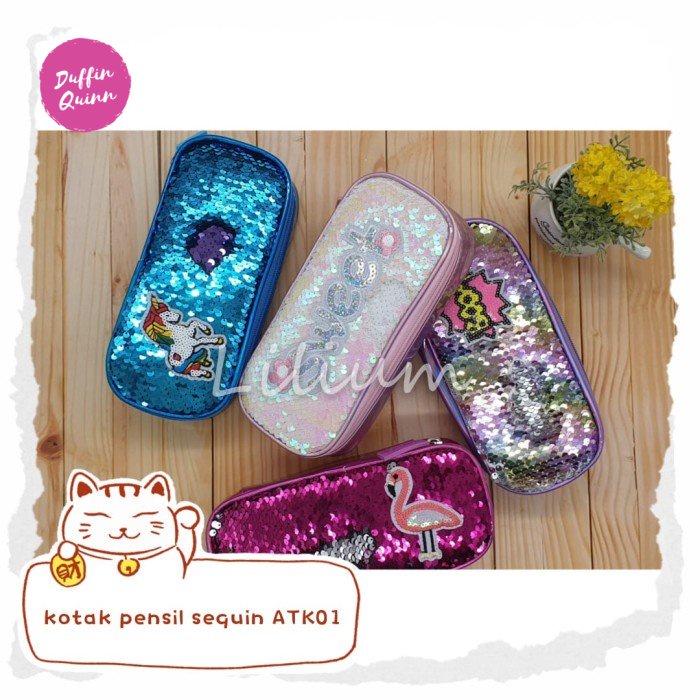 

Kotak pensil sequin unicorn flamingo ATK01 pencil case reversible