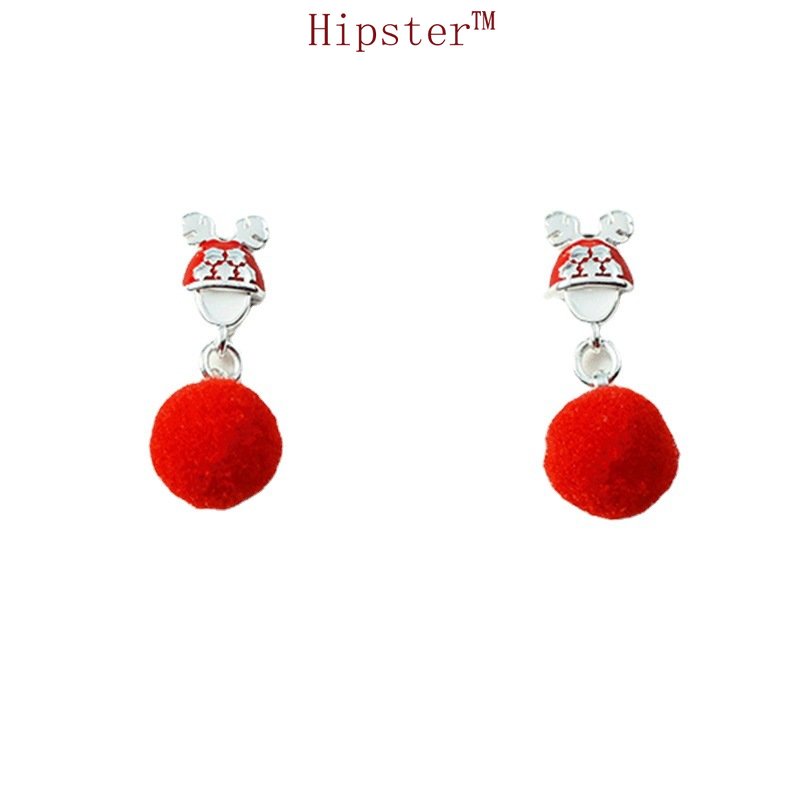 Anting Tusuk Sterling Silver 925 Model Santa Claus / Rusa Natal Dengan Bola Bulu Mink Untuk Wanita