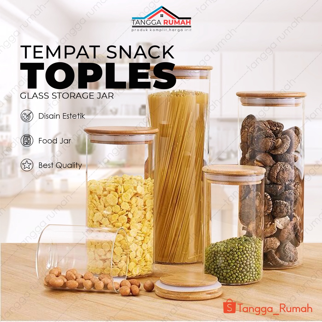 Toples Kaca / Wadah Penyimpanan Makanan , Snack , Bumbu Dapur & Quaker Oat Kedap Udara Tutup Kayu Es