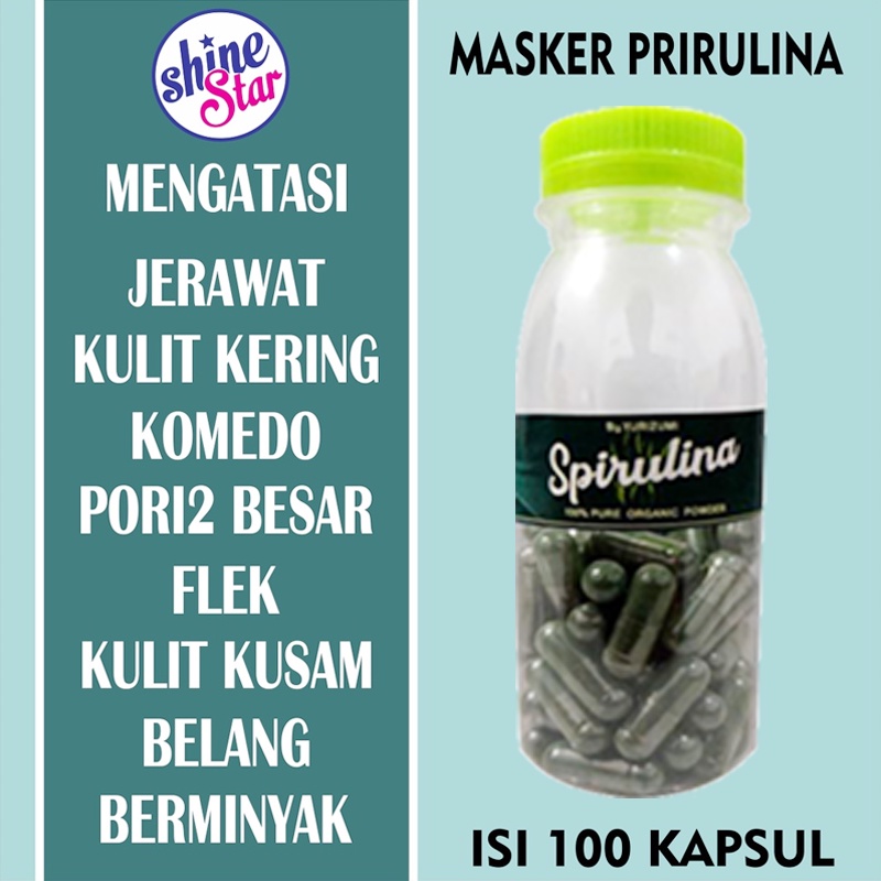 [PAKET 100 KAPSUL + KUAS] BY YURIZUMI Masker Spirulina Asli - Masker Wajah Spirulina Herbal Alami Isi 100 Kapsul + GRATIS KUAS MASKER 1 PCS