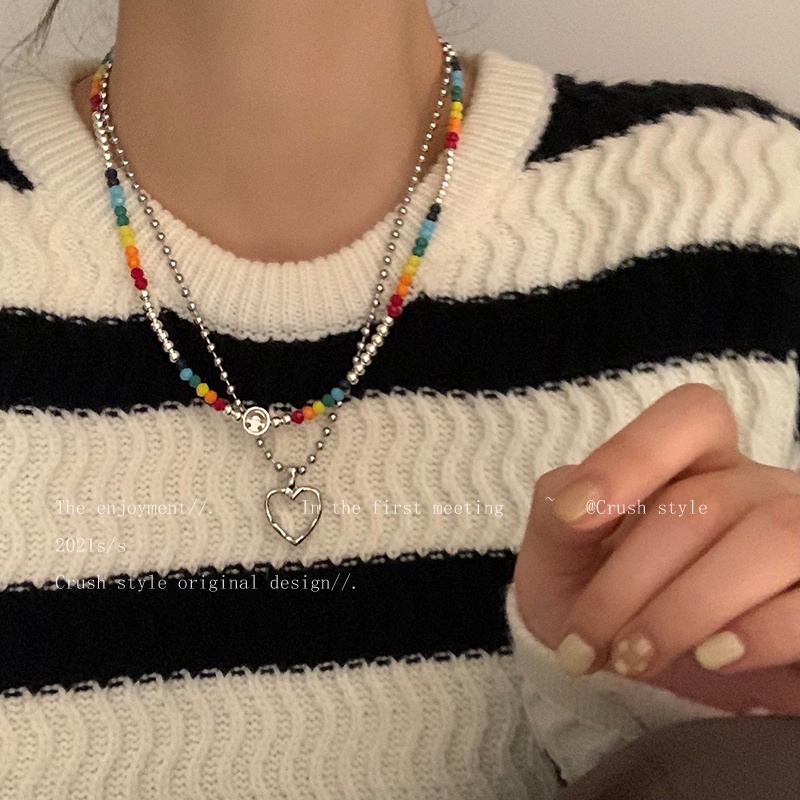 Kalung Choker Rantai Silver Banyak Lapis Dengan Manik-Manik Warna-Warni Untuk Wanita