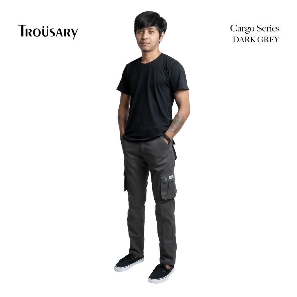 Trousary celana cargo panjang pria warna abu tua bahan premium size 28 - 42