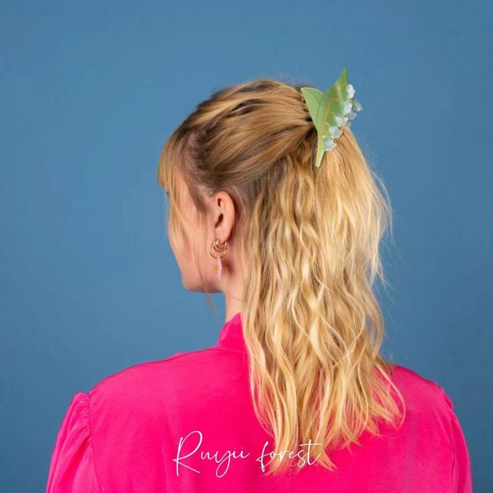 NEEDWAY Bunga Rambut Cakar Lucu Geometris French Ponytail Clip Bell Anggrek Gadis Rambut Klip Asetat Perempuan Aksesoris Rambut