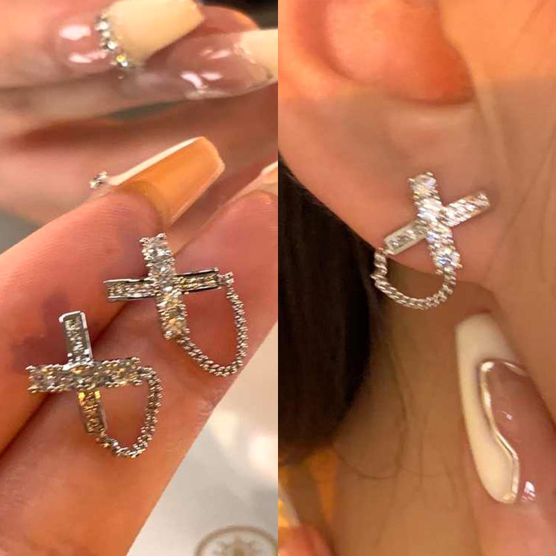 Anting Tusuk Gantung Desain Geometri Silang Hias Berlian Imitasi Gaya Koreasimpleunikelegan Untuk Wanita