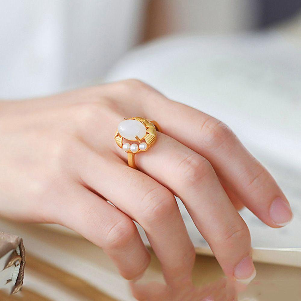 Mxbeauty Cincin Giok Klasik Retro Mutiara Perempuan Tembaga Cincin Terbuka Yang Dapat Disesuaikan