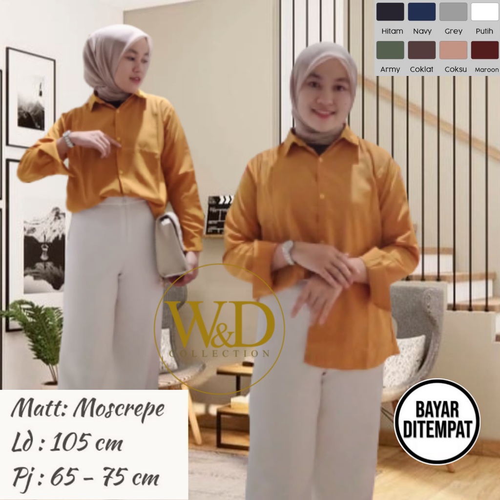 Kemeja Wanita Polos Lengan Panjang Casual Putih Hitam Moscrepe