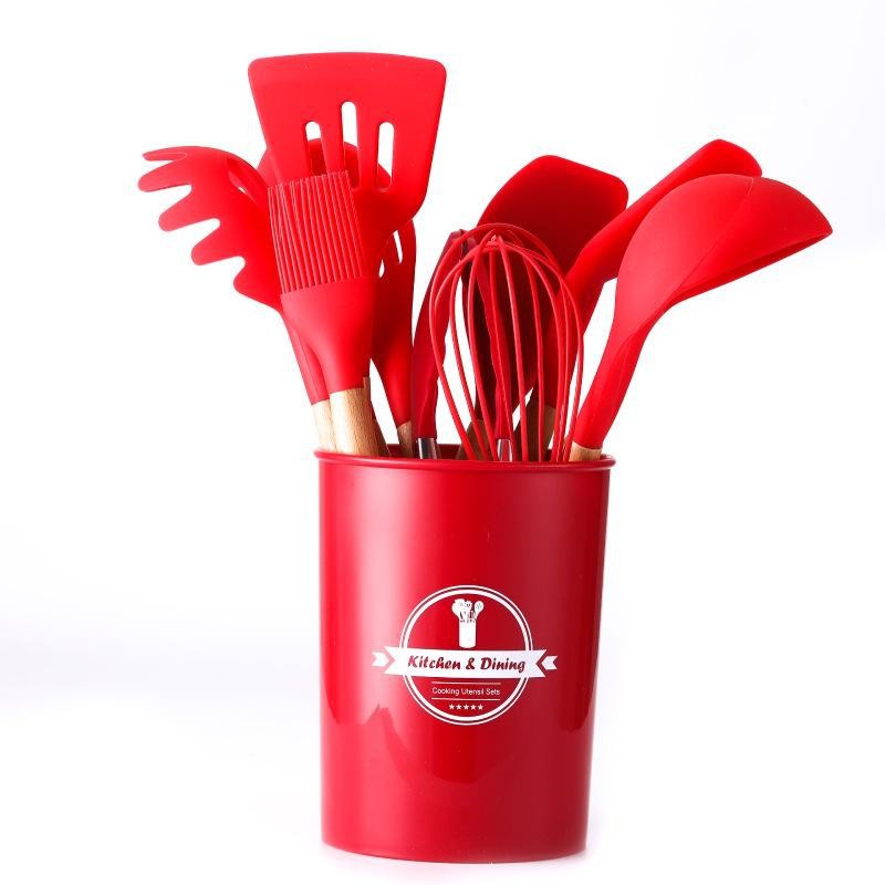 SILICONE UTENSIL SET 12 PCS / SPATULA PERALATAN MASAK / SUTIL PEGANGAN KAYU BAKING SET + WADAH VD FREE PACKING DUS