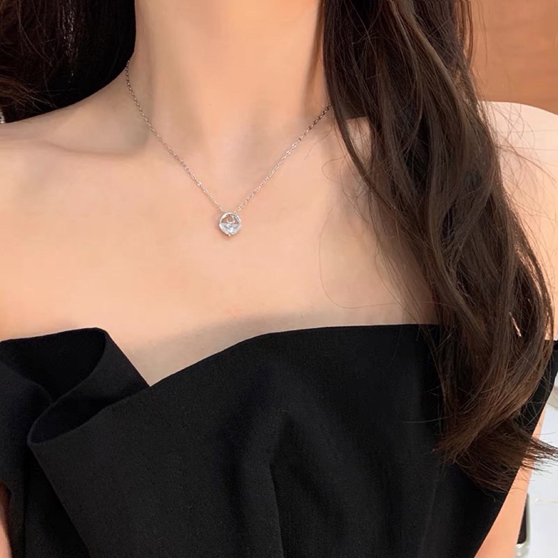 Kalung Rantai Klavikula Hias Liontin Kristal Air Kilau Gaya Korea Untuk Wanita