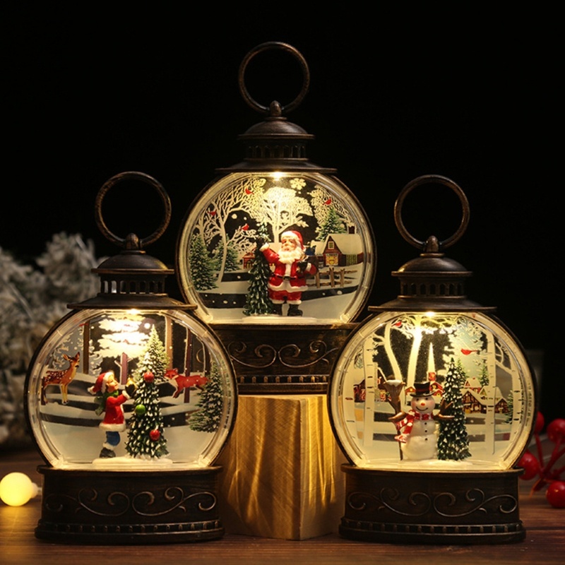 Lampu Lentera Tenaga Baterai Desain Snow Globe Santa Snowman Untuk Dekorasi Natal