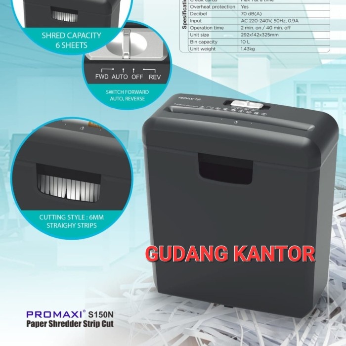 

PROMAXI S-150N Strip Cut Paper Shredder / Mesin Penghancur Kertas & CC