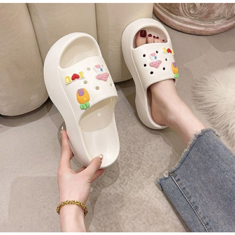 Sandal EVA Fuji Sandal Wanita Jelly Wedges Platfrom Tebal Dengan Jabbitz Import Terbaru