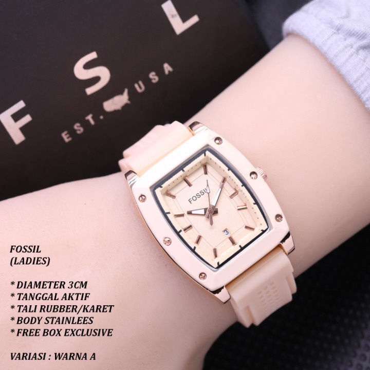 (FREE BOX) JAM TANGAN WANITA FASHION TALI RUBBER BODY OVAL BALOK TANGGAL AKTIF