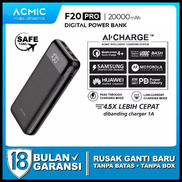 Acmic F20 Pro 20000Mah Aicharge Slim Digital Power Bank Qc4+Pd+Vooc
