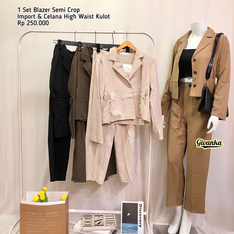 SETELAN WANITA SET BLAZER SEMU CROP+ CELANA HIGHWAIST KULOT IMPORT//SETELAN WANITA POLOS IMPORT