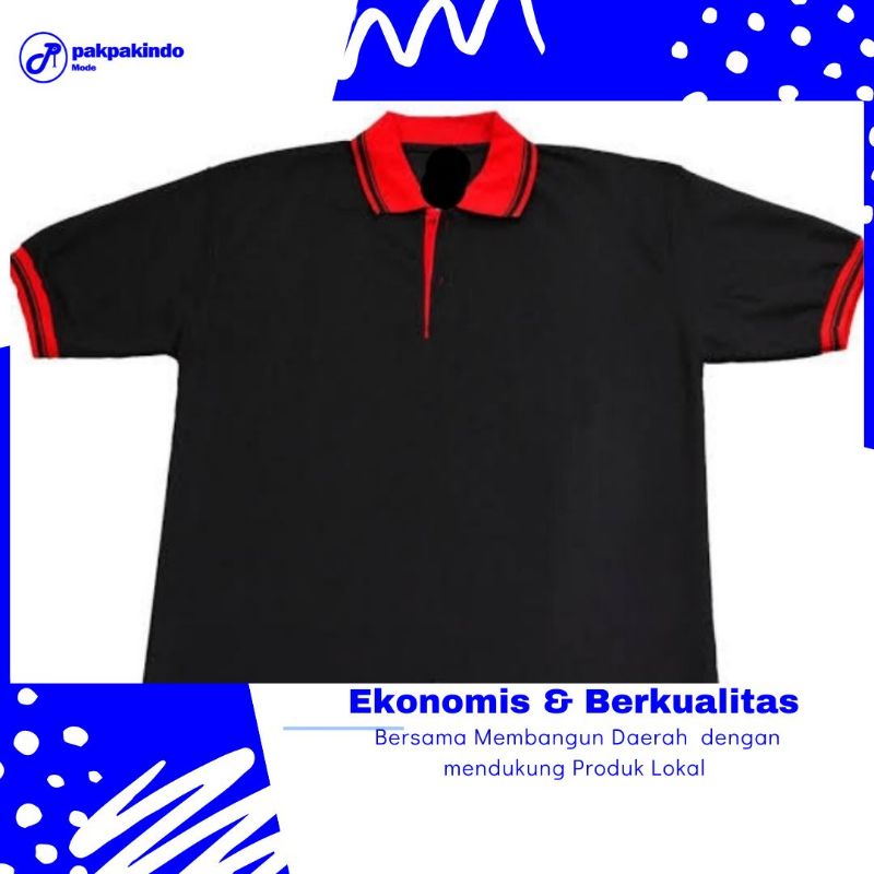 BAJU KAOS POLO KERAH POLOS HITAM KOMBINASI WARNA MERAH LENGAN PENDEK PRIA WANITA