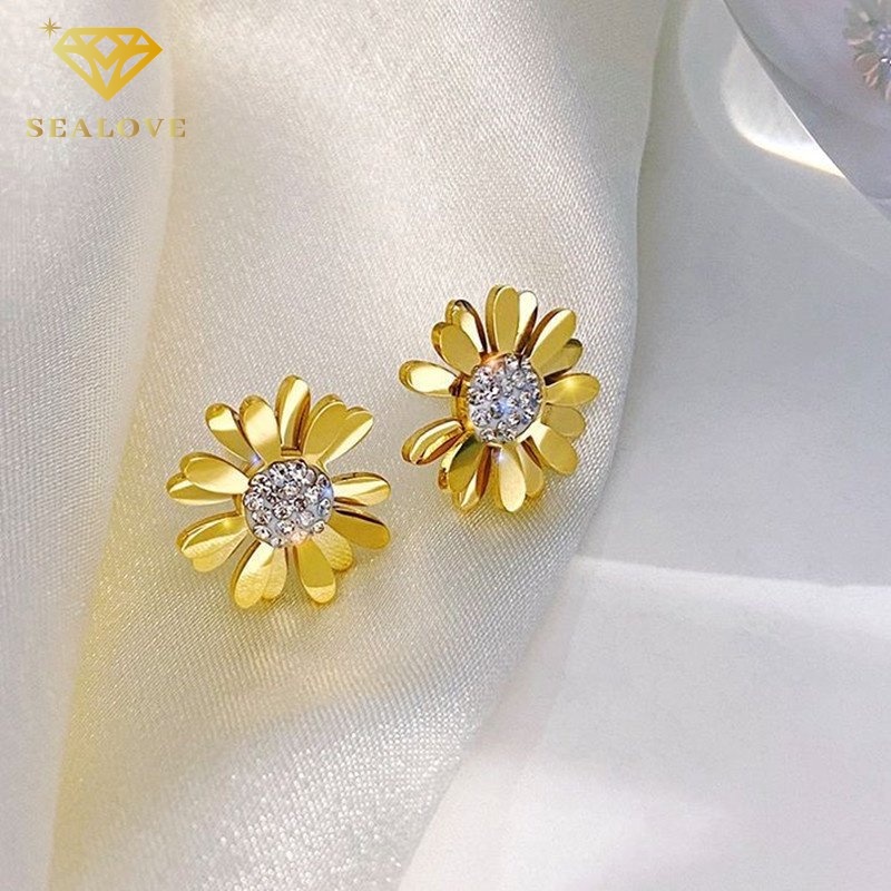 SEALOVE 18K Emas Daisy Stud Earrings Wanita Titanium Anting-Anting Anti Karat Korea Hadiah Fashion Perhiasan