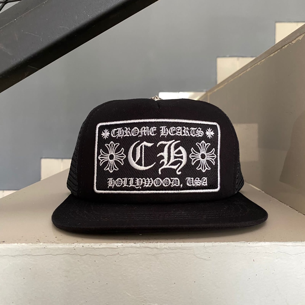 TOPI CHROME HEARTS CH HOLLYWOOD MADE IN USA TRUCKER JARING HITAM