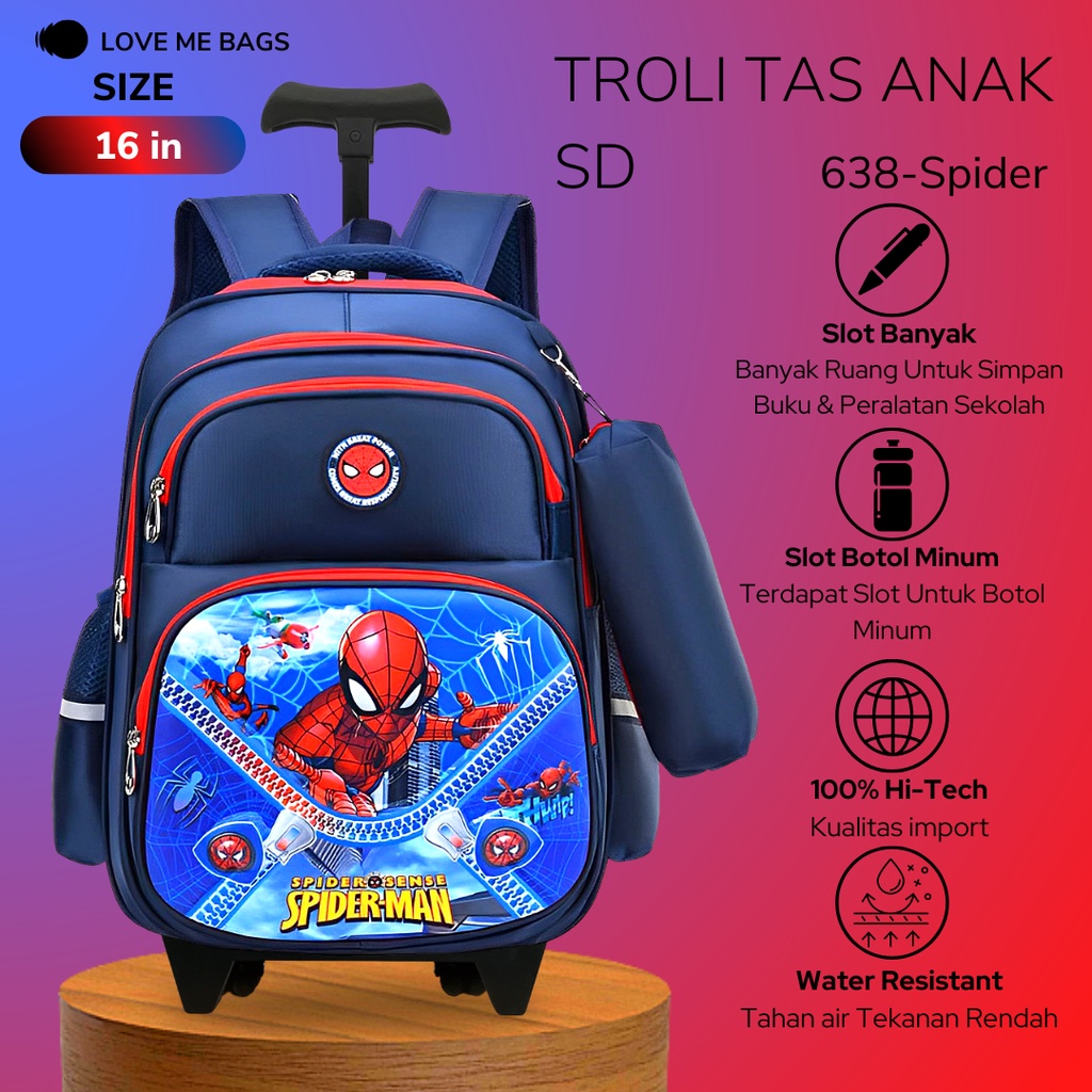 LMB Tas Troli Anak Laki Laki Sekolah SD Ransel Import Premium Karakter Gambar Superhero Timbul 6D Roda Dorong