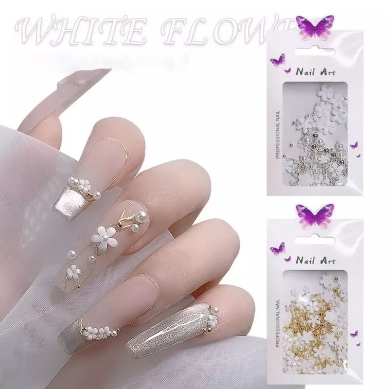 LITTLE FLOWER 3D WEDDING NAILS HIASAN BUNGA PUTIH NAIL ART MIX SIZED FLOWER INSTANT 3D WEDDING NAILS