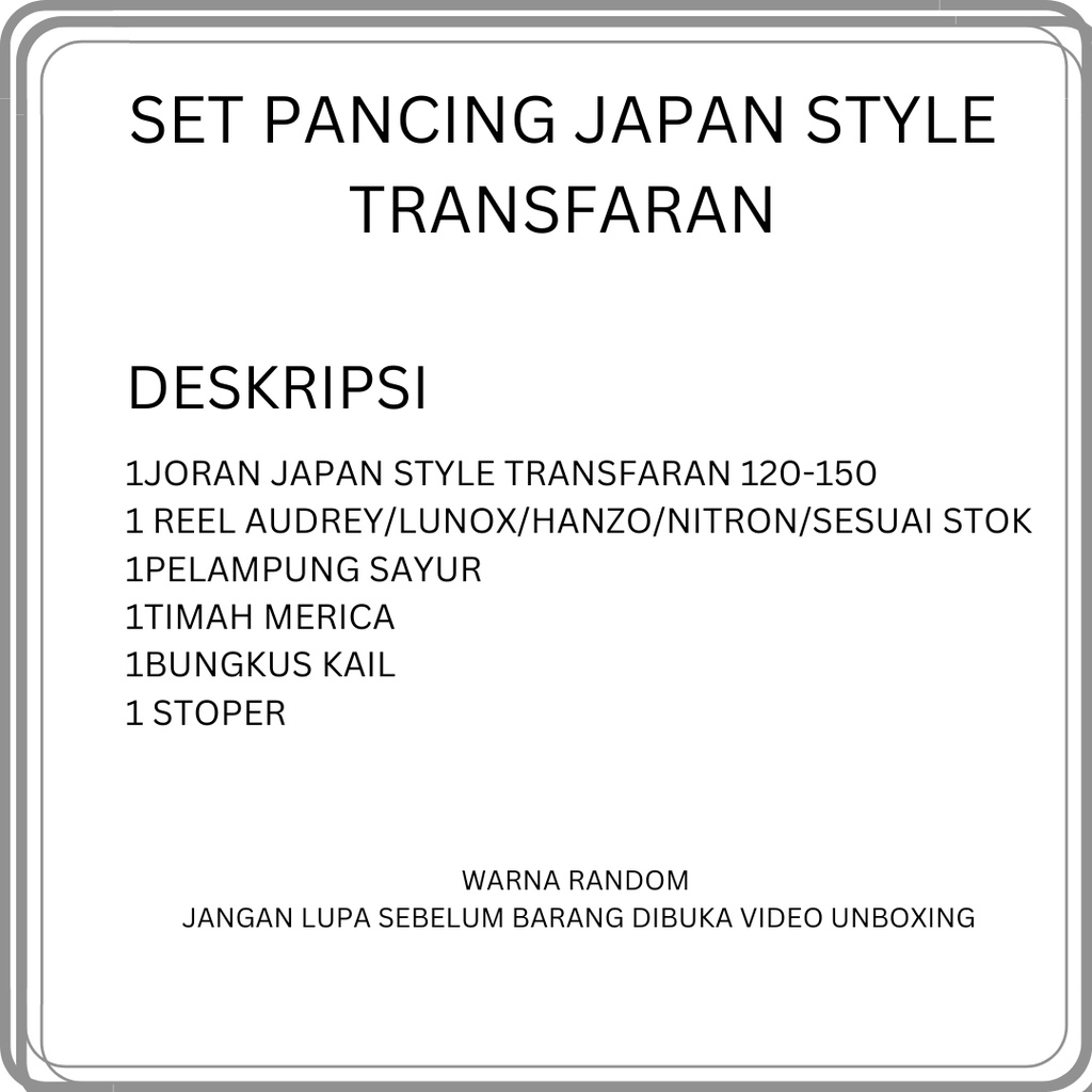 Set Pancing LENGKAP JORAN JAPAN STYLE TRANSPARAN 120-150 FIBER SOLID &amp; REEL SPOOL PLASTIK SIAP PAKAI