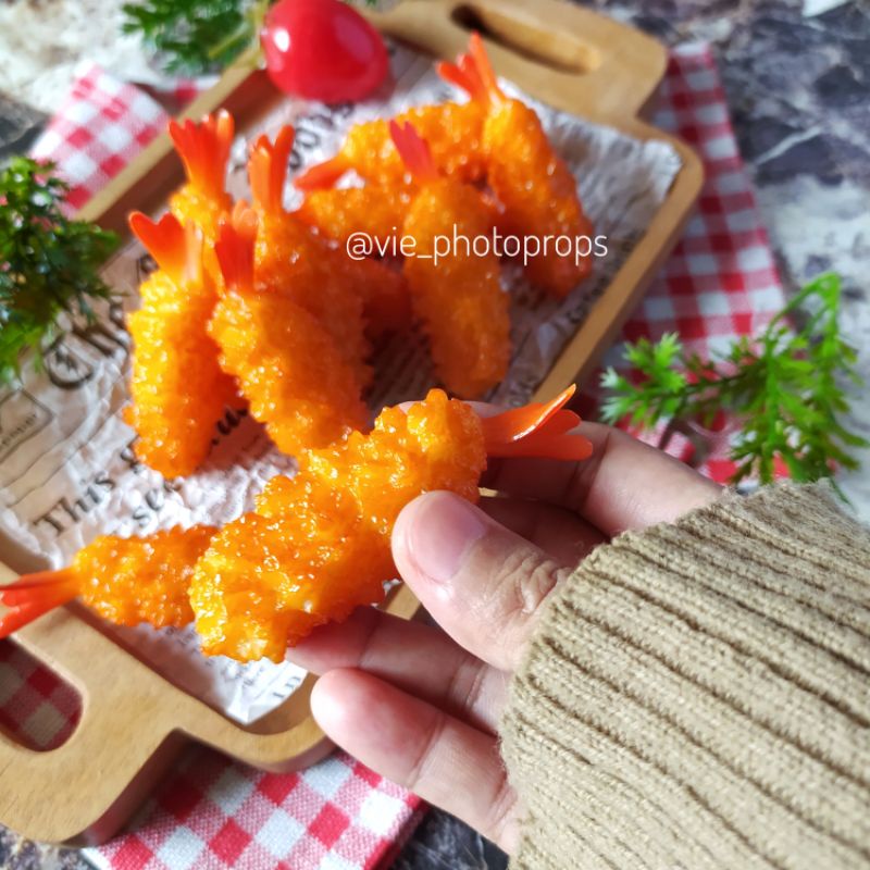 1pc Tempura Udang Artificial Palsu Fake Food Hiasan Replika Dekorasi Props Foto Properti Fotografi
