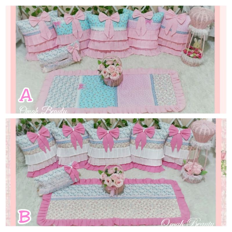 PREORDER Sarung Bantal Sofa Kursi Shabby Shabbychic Pevita Pink Biru Putih / Sarung Bantal Rumbai Pi