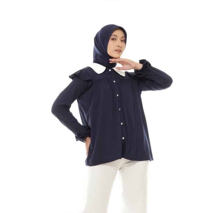 Atasan Wanita Alina Blouse Navy  Baju Muslim Casual Hijab