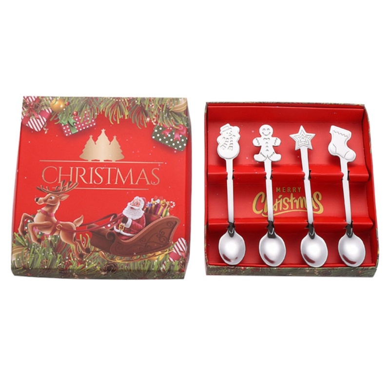Zzz 4pcs / Set Sendok Kopi / Dessert Tema Natal Bahan Stainless Steel