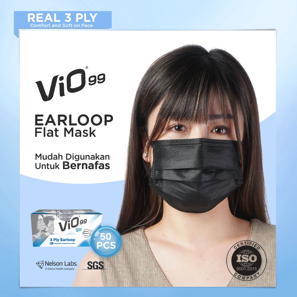 Vio Mask Earloop Black - Masker Vio 3 Ply Isi 50 Kesehatan Kualitas Premium Lulus Uji Bfe Pfe Vfe