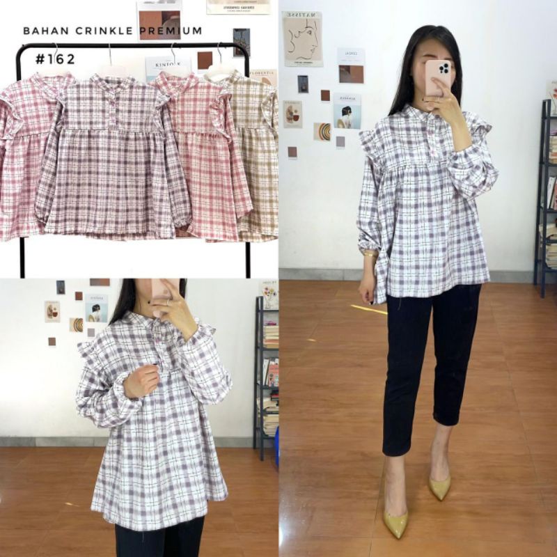 Blouse kemeja korea motif kotak crinkle premium wanita murah