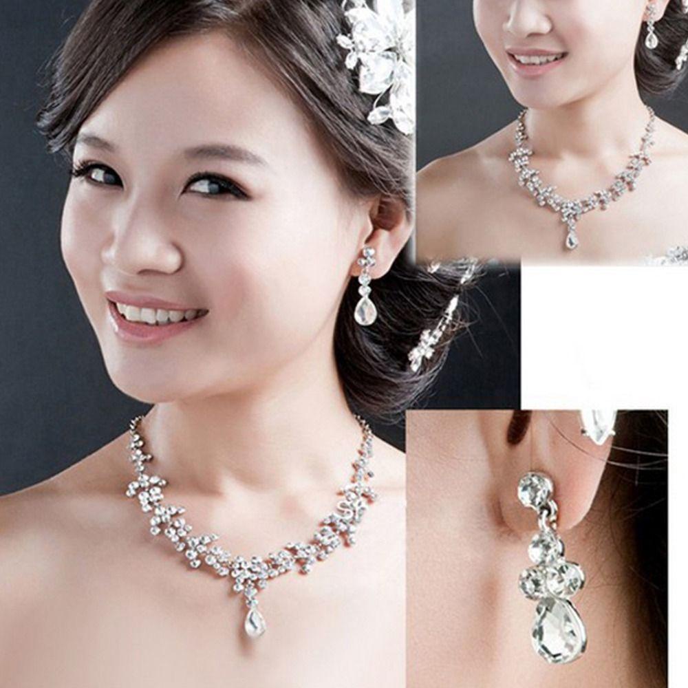 Needway   Set Perhiasan Pernikahan Pengantin Bergaya Shiny Hook Earrings Berlian Imitasi Disepuh Alloy Mahkota Kristal