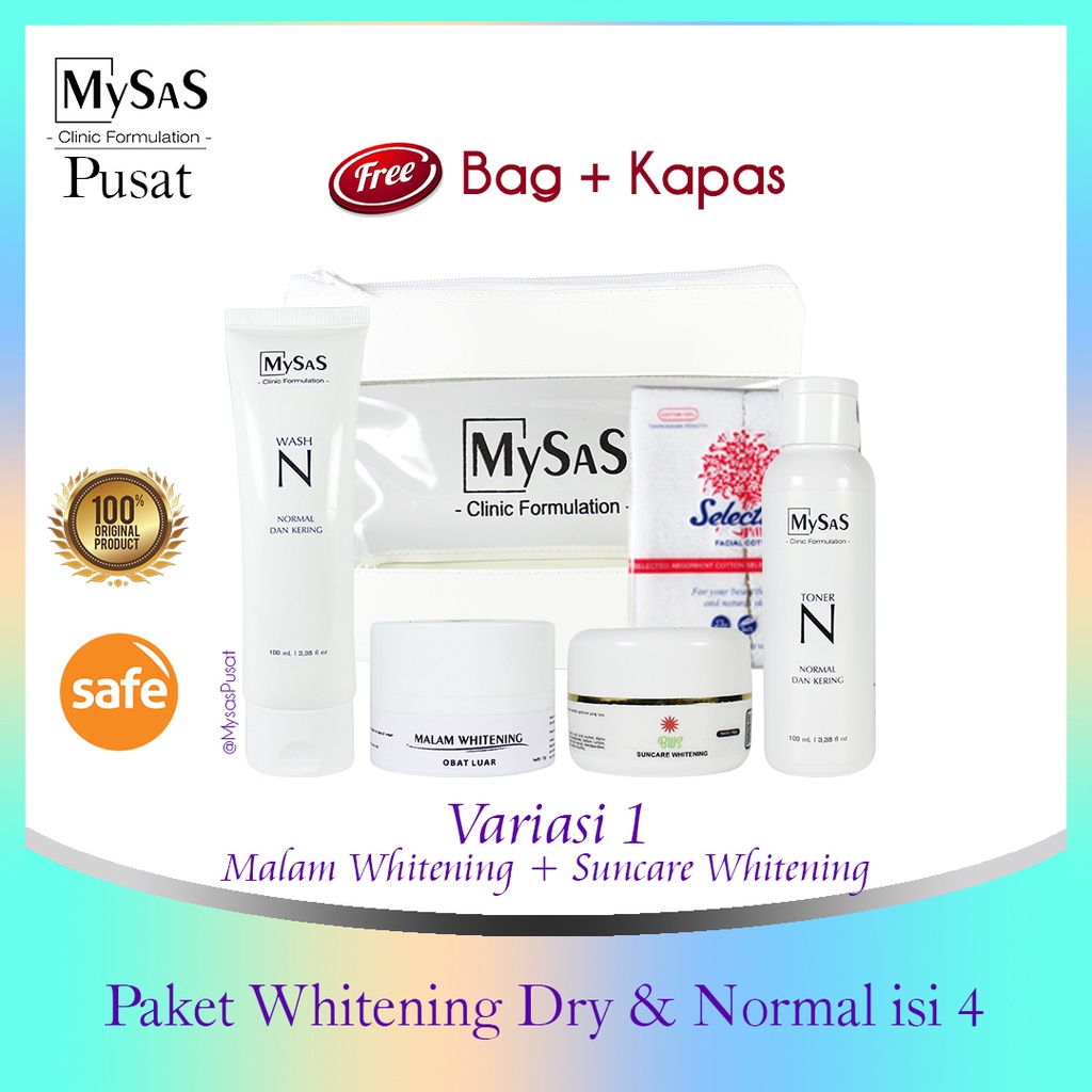 MySAS Skincare Paket Whitening Dry & Normal isi 4 /aman remaja, bumil busui kulit putih glowing natu