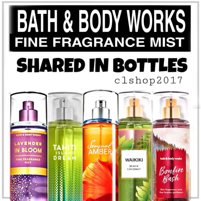 BBW MIST SHARE IN BOTTLE 20 - 25 ML PART 4/6 PINK CASHMERE SUNSHINE MIMOSA AT THE BEACH MAGIC IN THE AIR FRESH CUT LILACS CACTUS BLOSSOM WINTERBERRY WONDER CHAMPAGNE TOAST INTO THE NIGHT JAPANESE CHERRY BLOSSOM JCB CONFETTI DAYDREAM SWEET CRANBERRY ROSE