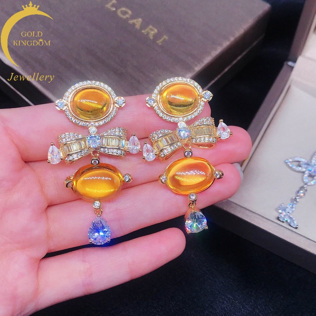 Goldkingdom Fashion Perhiasan 24K Bangkok Aksesoris Ready Stock Kepribadian Berlapis Emas Asli Kadar 375 Berlian Kuning Berlian Karbon Tinggi Berlian Kupu-Kupu Panjang Liontin Wanita