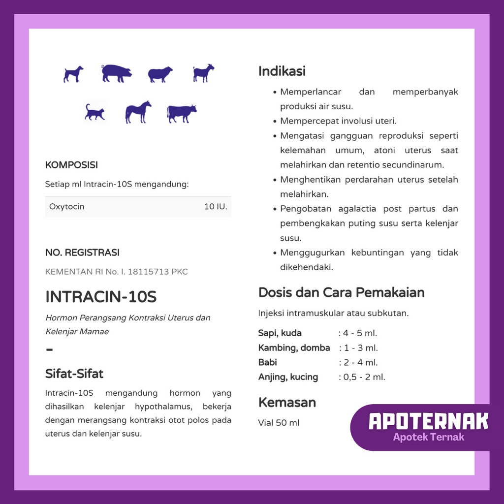 INTRACIN 10S | Hormon oksitosin mempercepat Kontraksi rahim hewan agar cepat melahirkan dan mengobati mastitis dan meningkatkan produksi Susu Hewan | 50 mL | Apoternak