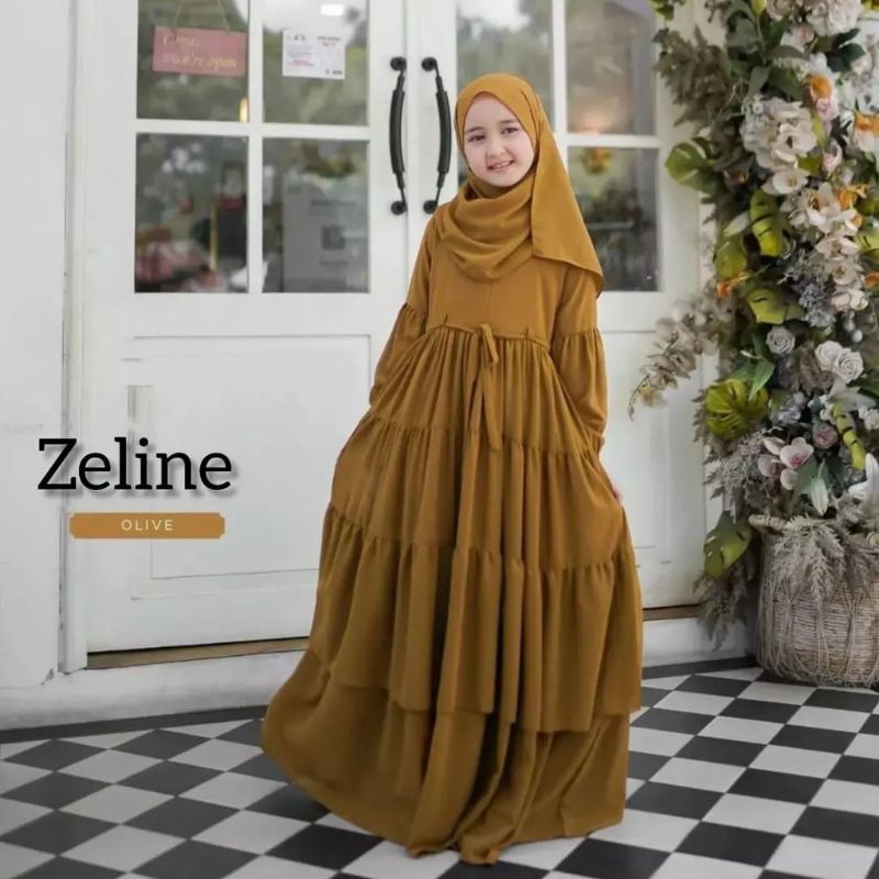 gamis anak perempuan kids set dress plus pasmina zeline